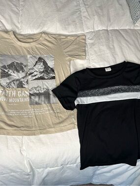 Graphic Mountain Tee + Black Stripe Tee - Neutral & Black